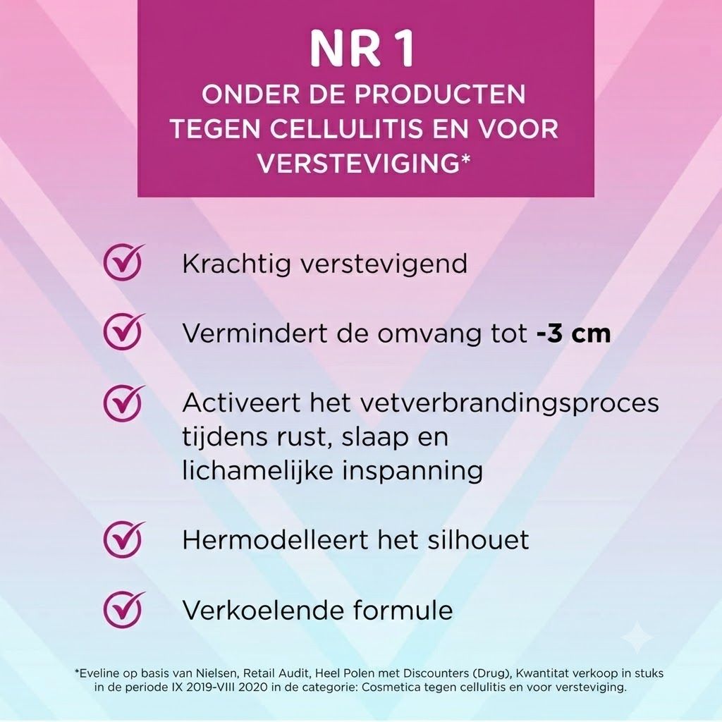 Nr. 1 anti-cellulitis en verstevigend product. Krachtig verstevigend, vermindert omvang tot 3 cm, activeert vetverbranding, hermodelleert silhouet, verkoelende formule.