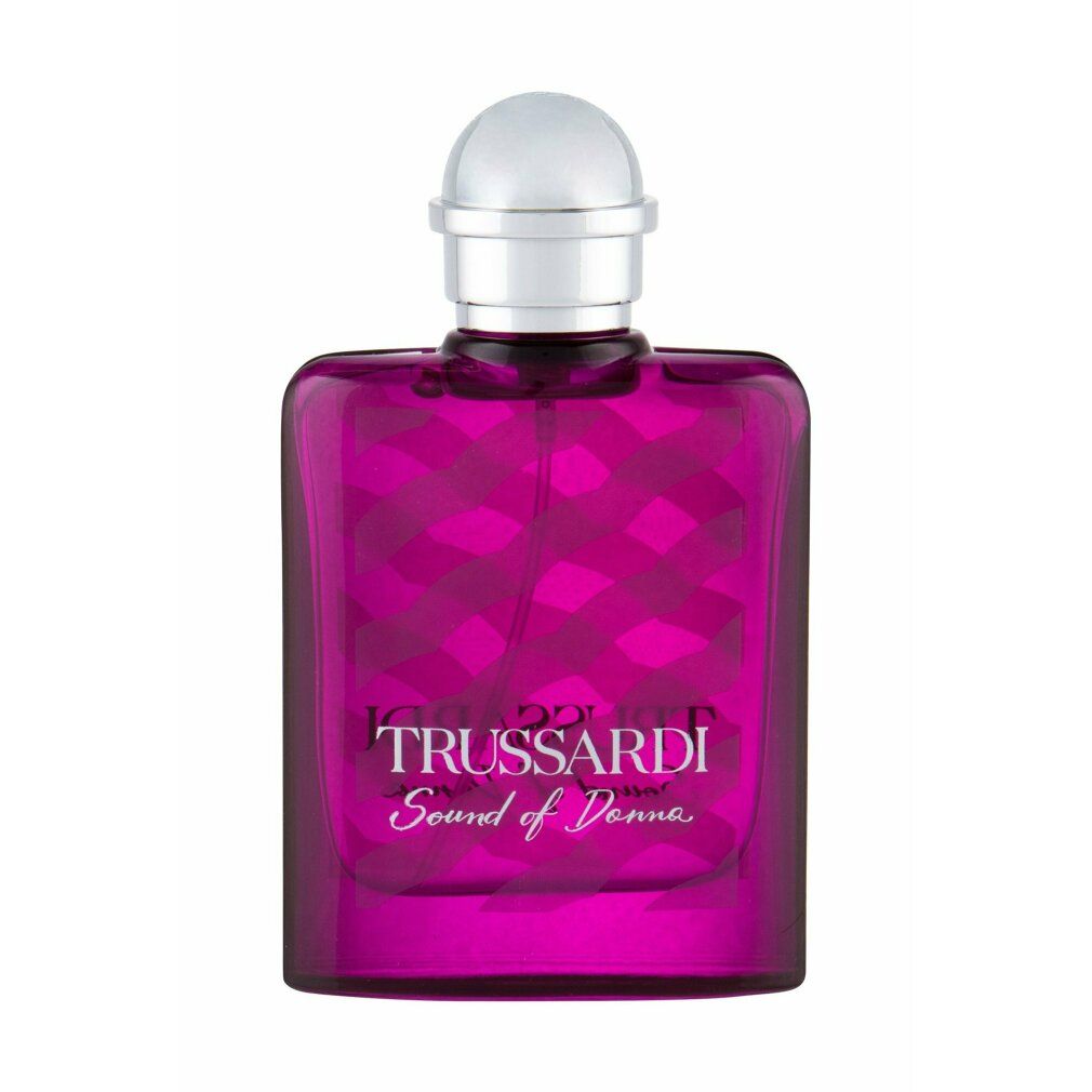 Flacon de parfum rose. Bouchon argenté. Inscription: Trussardi Sound of Donna.