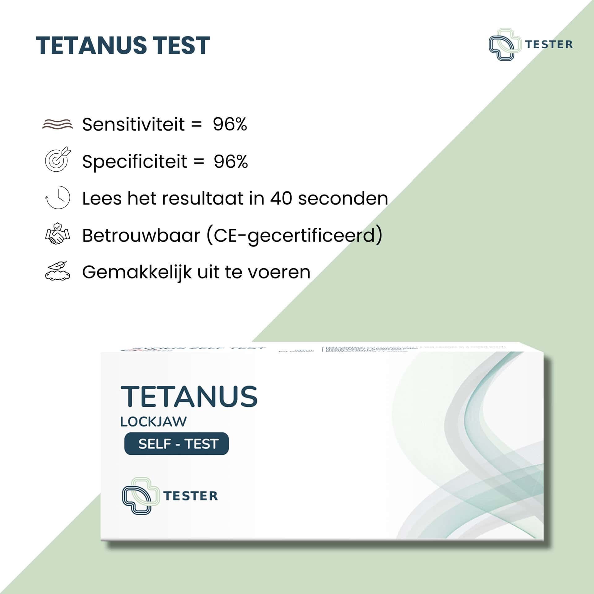 Tetanus Test: Gevoeligheid 96%, Specificiteit 96%, Resultaat in 40 sec, CE-gecertificeerd.