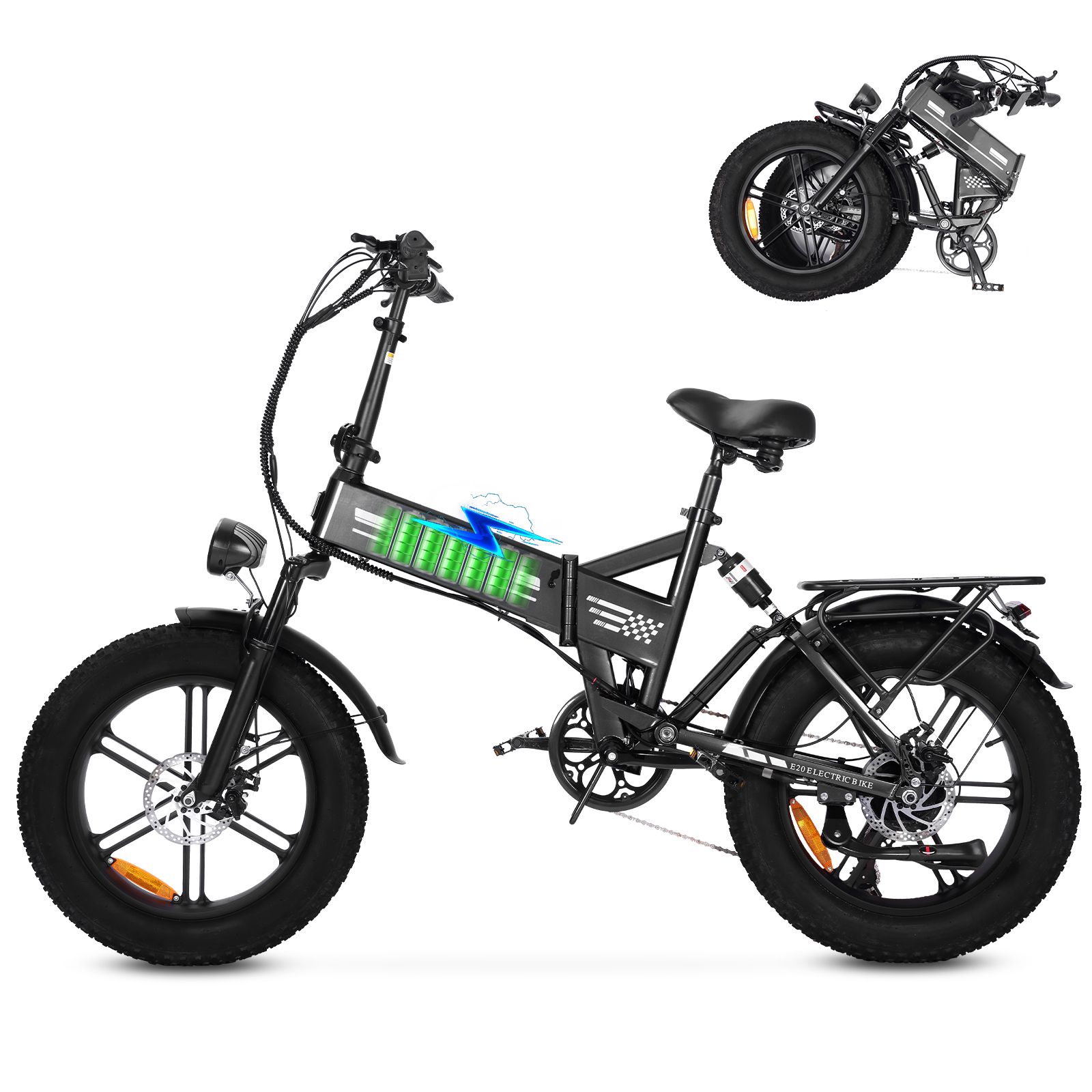 Vélo électrique OOK-TEK E20 noir, plié et déplié. Indicateur de batterie. Pneus larges.