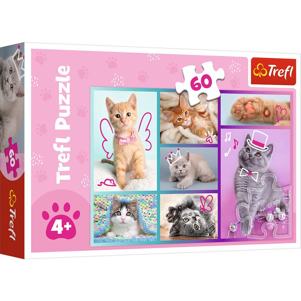 Trefl Puzzle de petits chats mignons, 60 pièces. Emballage rose avec des chats. Recommandé pour les 4 ans et plus. Pièce de puzzle en haut.