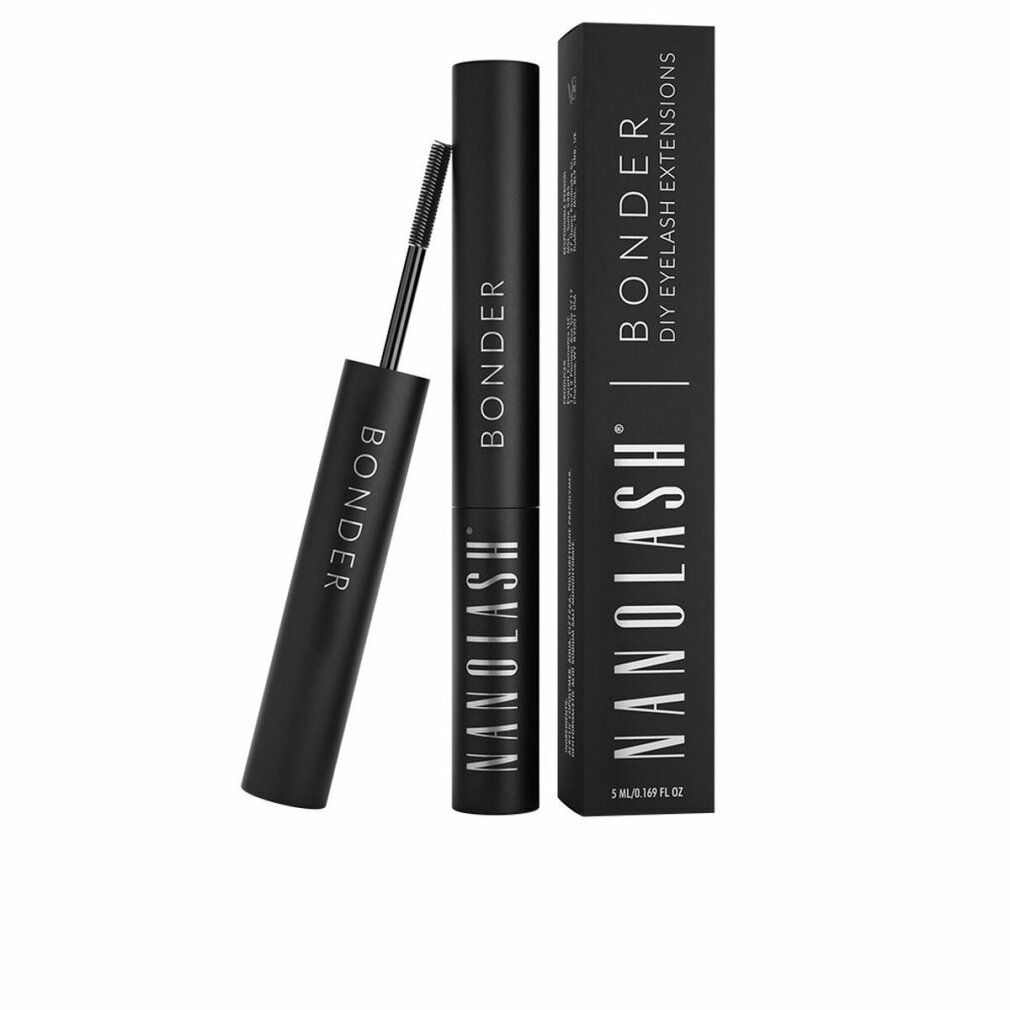 Zwarte tube en verpakking met tekst "NANOLASH BONDER DIY EYELASH EXTENSIONS". Een applicator is zichtbaar.