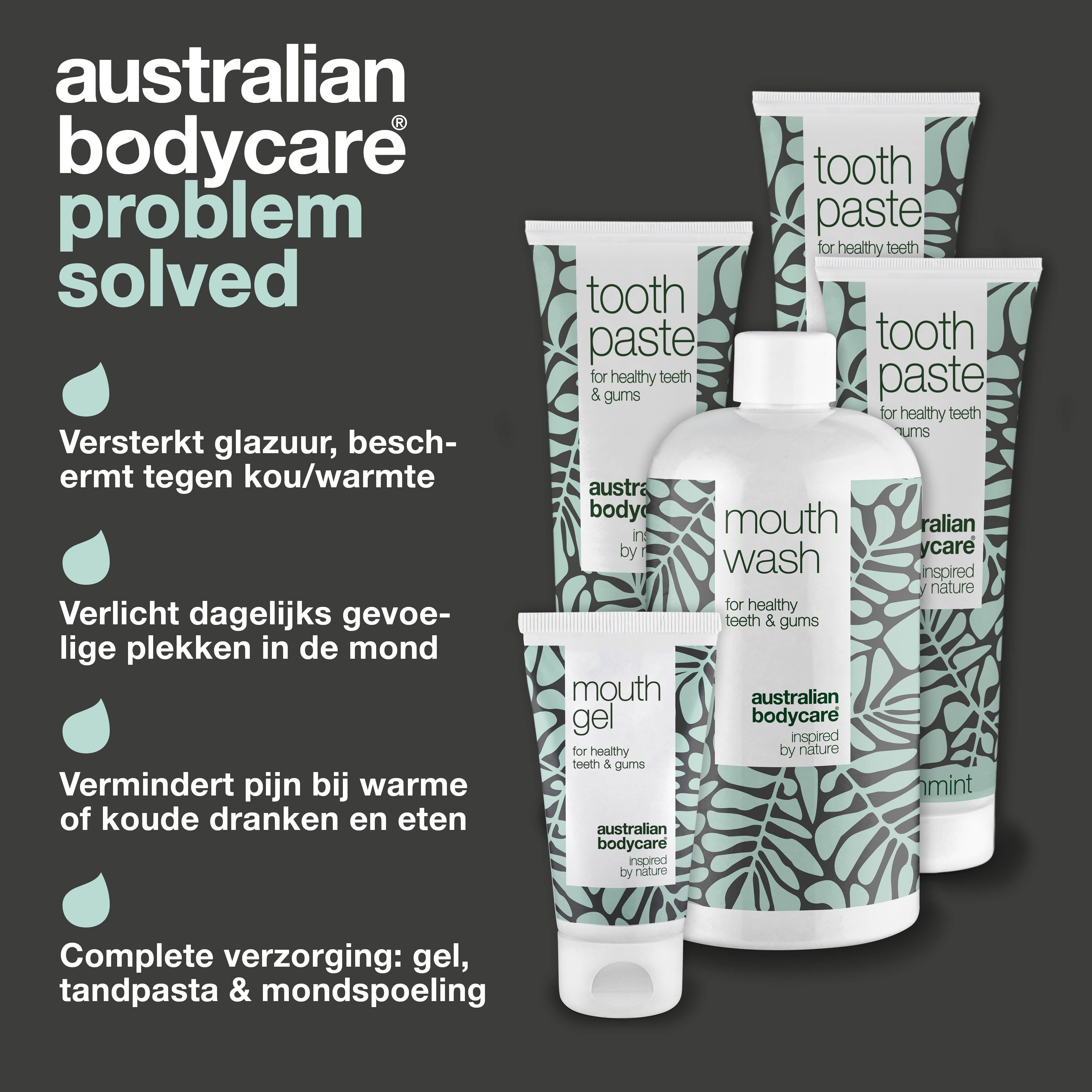 Tekst: Australian Bodycare. Tandpasta, mondspoeling, mondgel. Voordelen opgesomd.