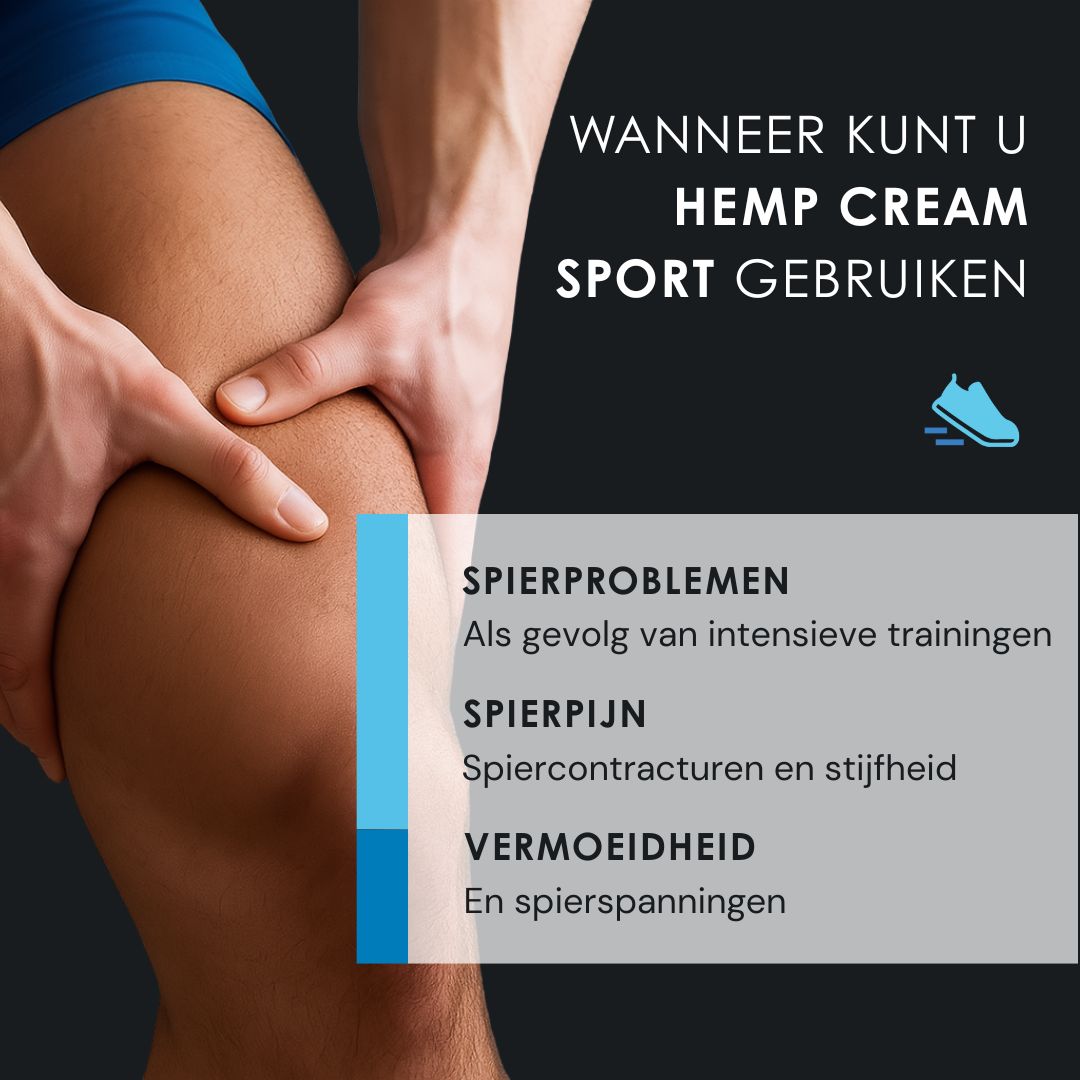 Man raakt knie aan. Tekst: WANNEER KUNT U HEMP CREAM SPORT GEBRUIKEN? Tekst: SPIERPROBLEMEN, SPIERPIJN, VERMOEIDHEID.