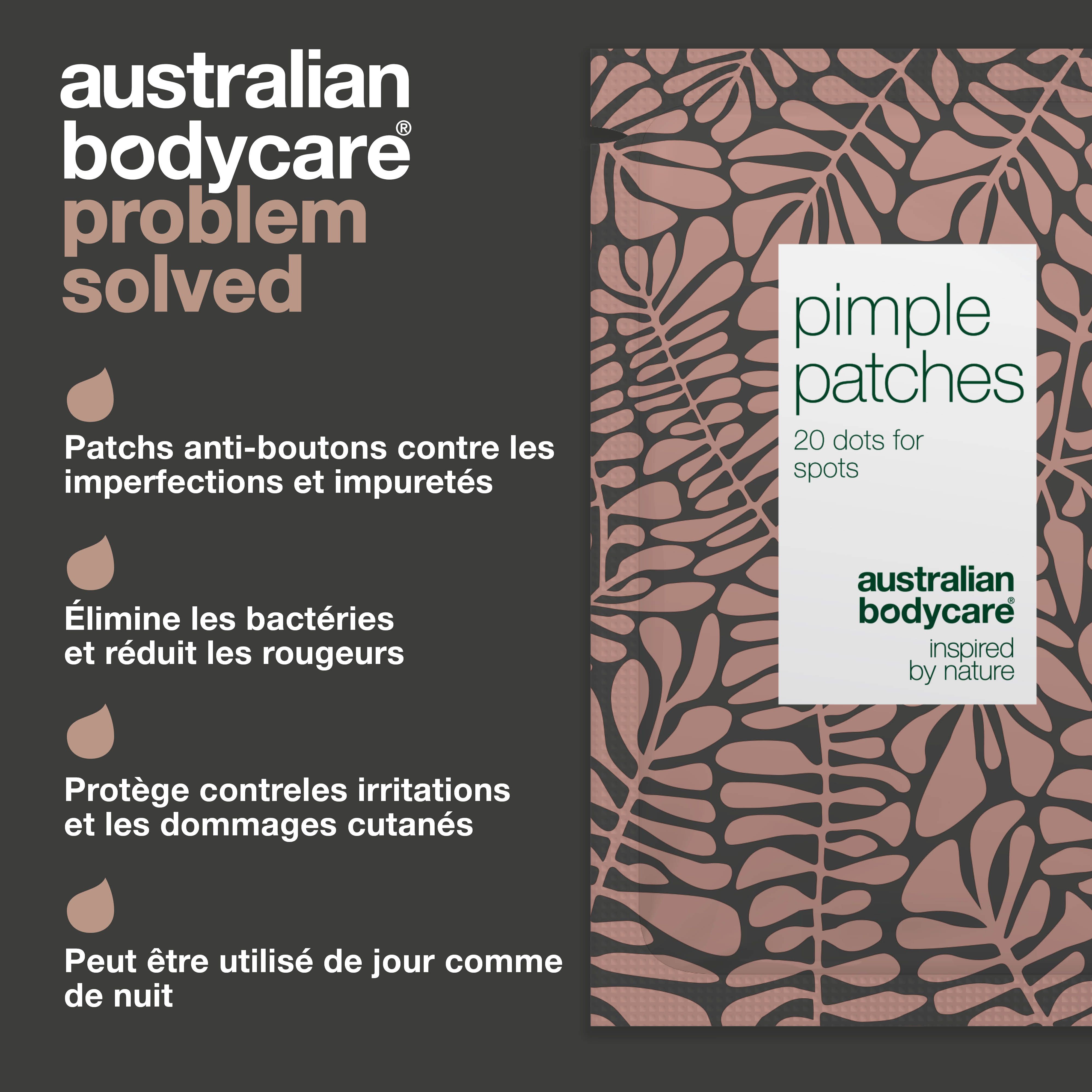 Emballage du produit. Texte : Pimple Patches, 20 points pour les boutons. Logo : Australian Bodycare. Texte : Problème résolu.