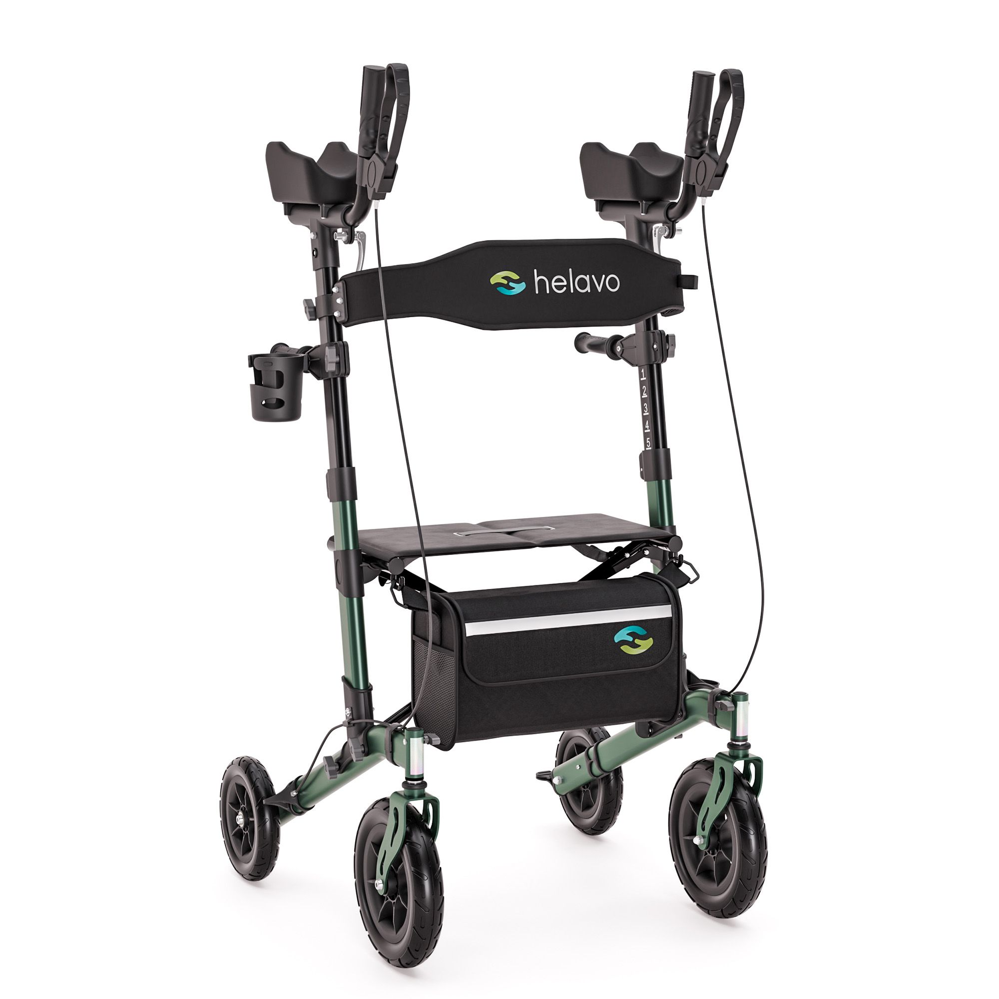 Rollator vert avec supports avant-bras, siège, sac et porte-gobelet. Pliable.
