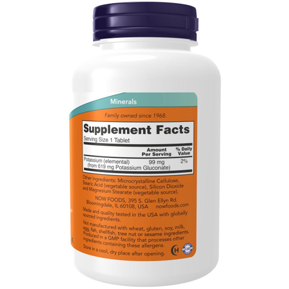 Achterkant fles. Opschrift: Supplement Facts, Potassium 99 mg. Ingrediënten. NOW FOODS, 395 S. Glen Ellyn Rd.