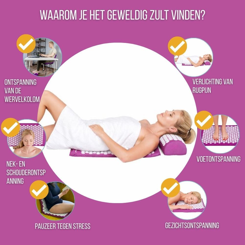 Reclame voor een acupressuurset. Toont mat, kussen en draagtas. Nederlandse tekst.