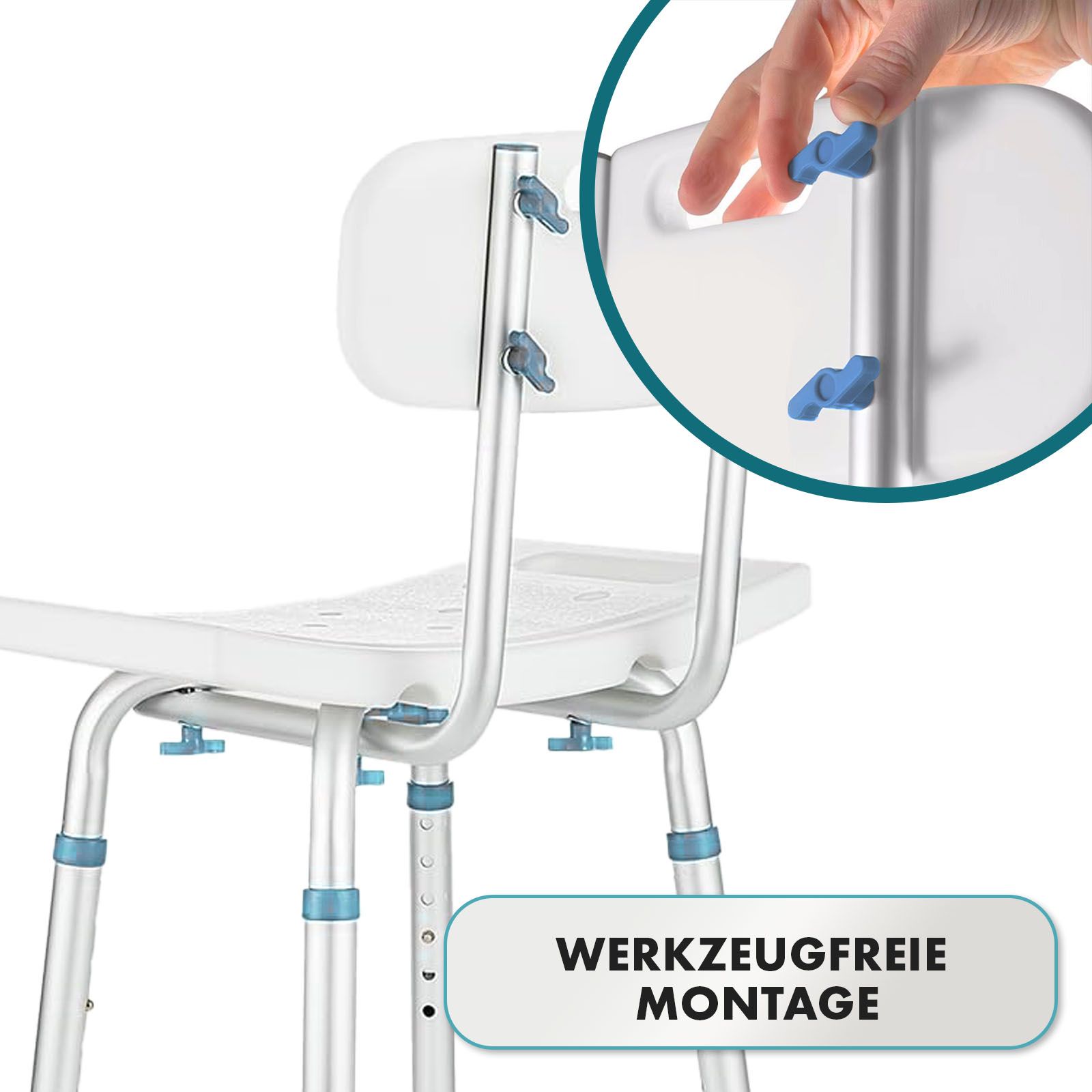 Chaise de douche avec dossier. Montage sans outil. Vis bleues.