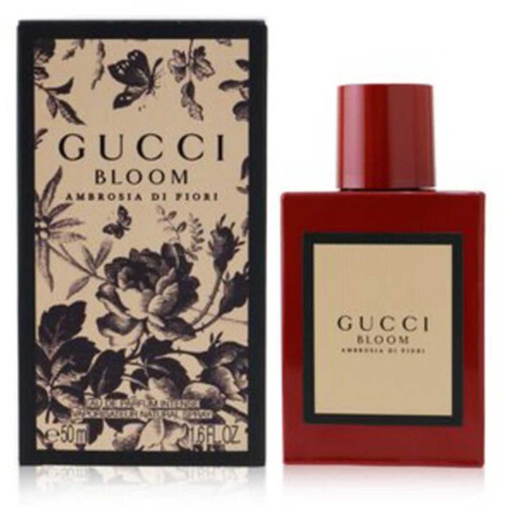 Gucci Bloom Ambrosia di Fiori flacon en verpakking. Verpakking met bloemmotief. Rode flacon.