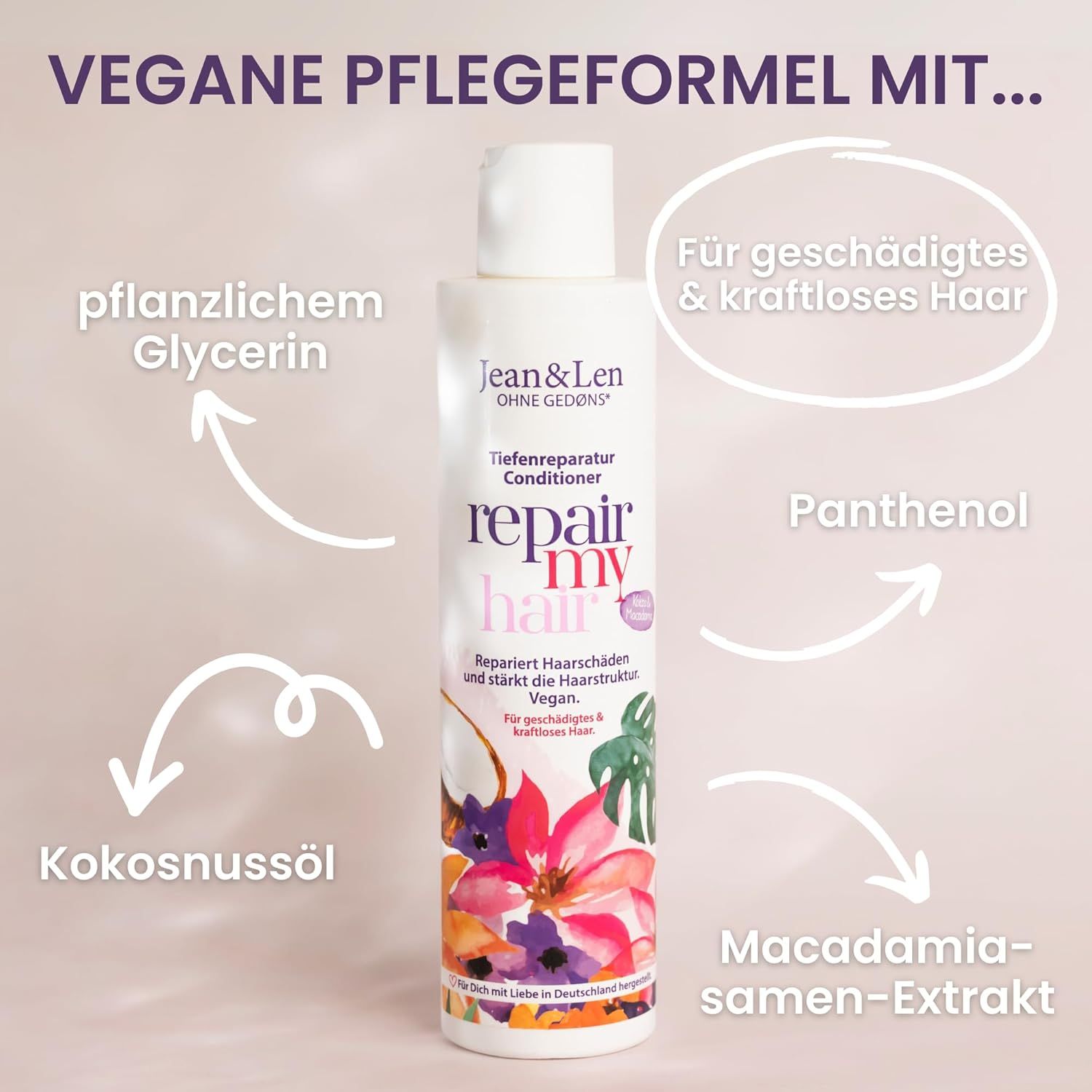 Fles conditioner. Tekst: Veganistische formule met... Kokosolie, plantaardige glycerine, panthenol, macadamia-extract.