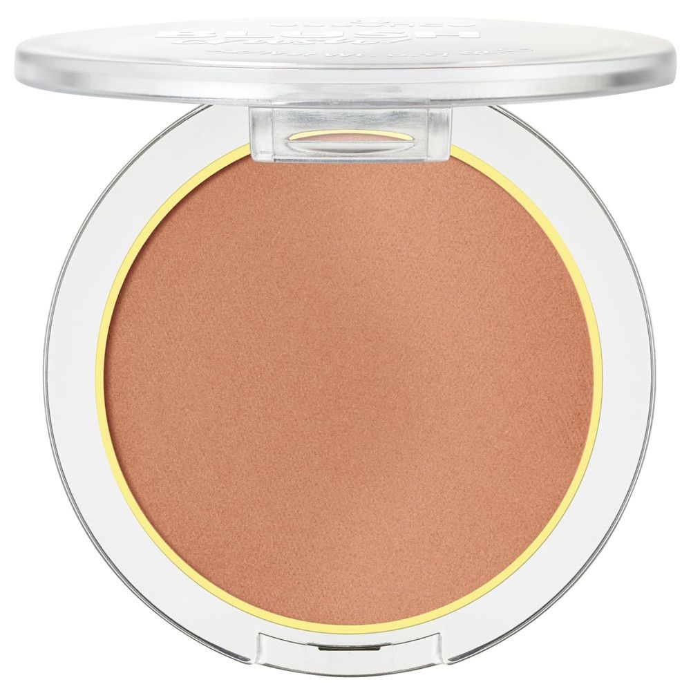 Bruinroze blush in een transparante verpakking met gouden rand. Deksel open.