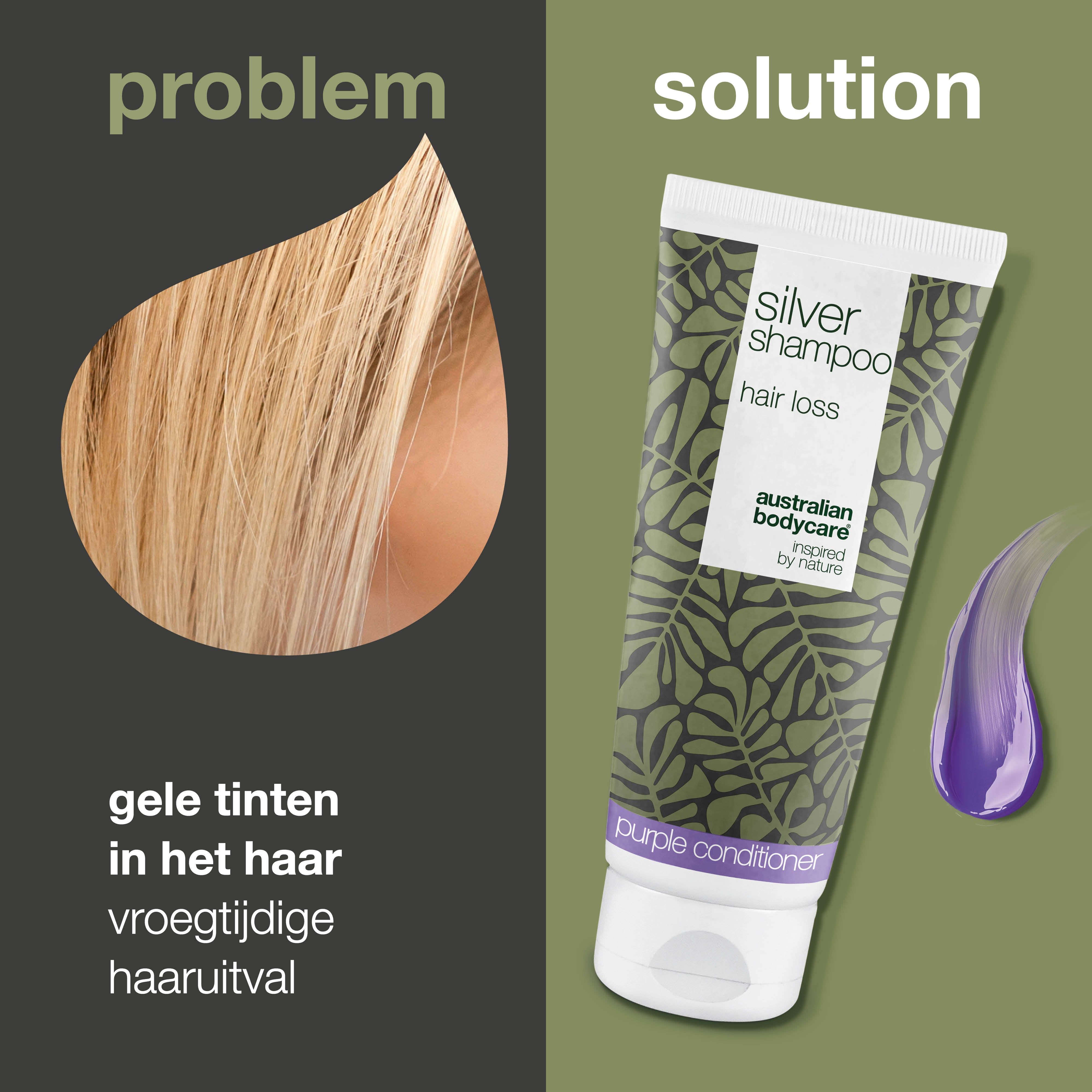 Haarstreng en shampoo tube. Tekst: gele tinten in het haar, vroegtijdige haaruitval. Oplossing: shampoo.