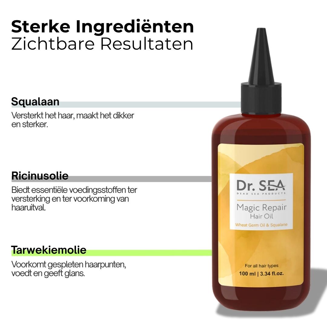 Bruine fles met zwarte dop. Etiket met productnaam en merk: Dr. SEA. Tekst: Magic Repair Hair Oil.