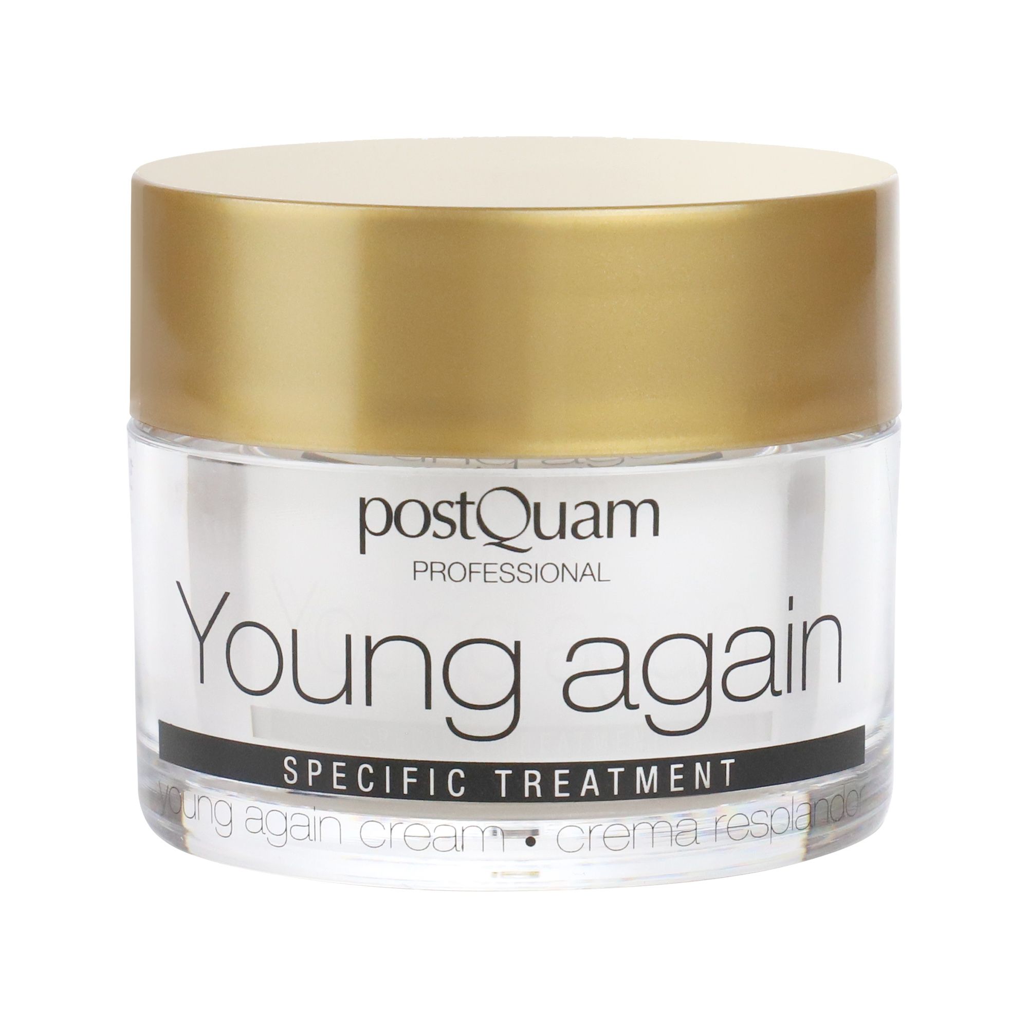 Glazen crèmepot met gouden deksel. Opschrift: Young again, Specific Treatment. Merk: Postquam.