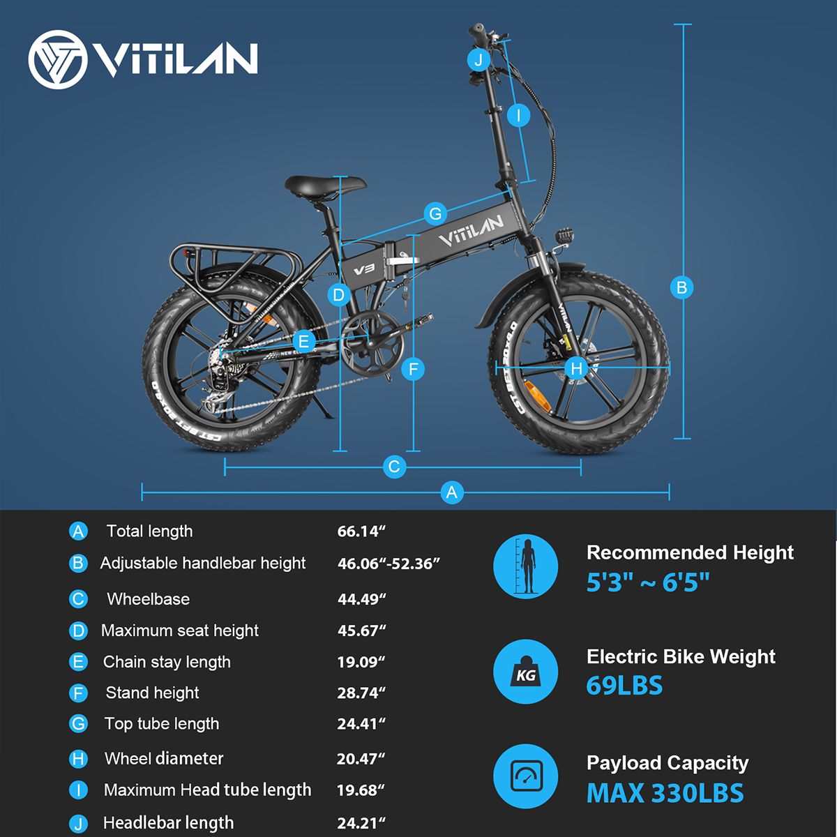 Vélo électrique pliable Vitilan V3 2.0. Noir, avec dimensions. Taille recommandée, poids et capacité de charge.