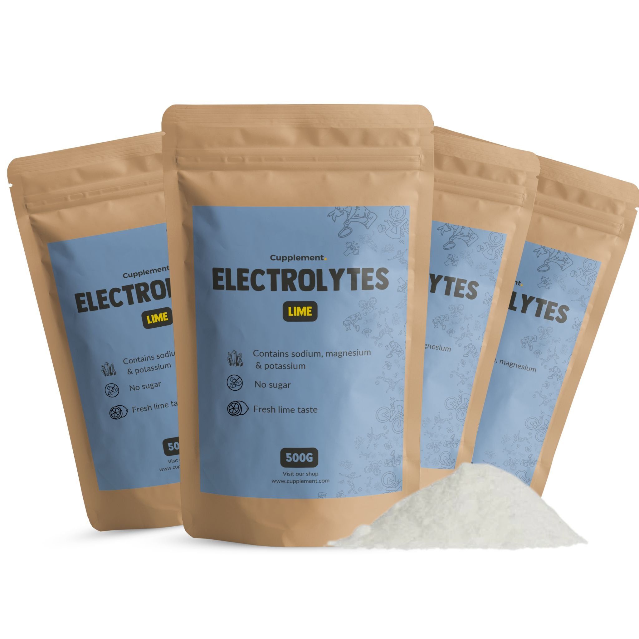Zakjes elektrolytenpoeder. Bevat natrium, magnesium en kalium. Zonder suiker. 500g. Limesmaak.