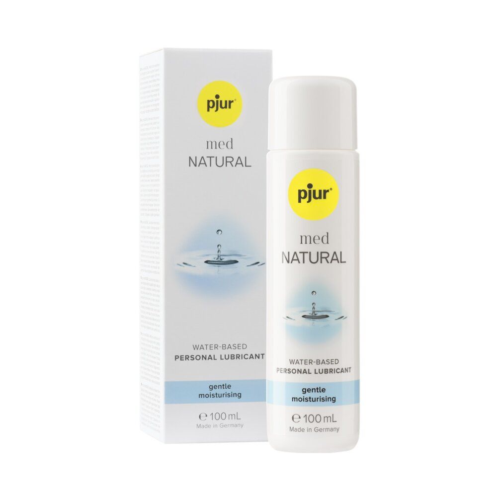 pjur med NATURAL, lubrifiant à base d'eau, flacon et emballage. Nom, informations et logo clairement visibles.