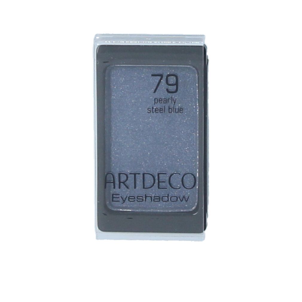Artdeco oogschaduw, tint 79, parelmoer staalblauw. Rechthoekige vorm, grijze verpakking. Tekst: Eyeshadow.