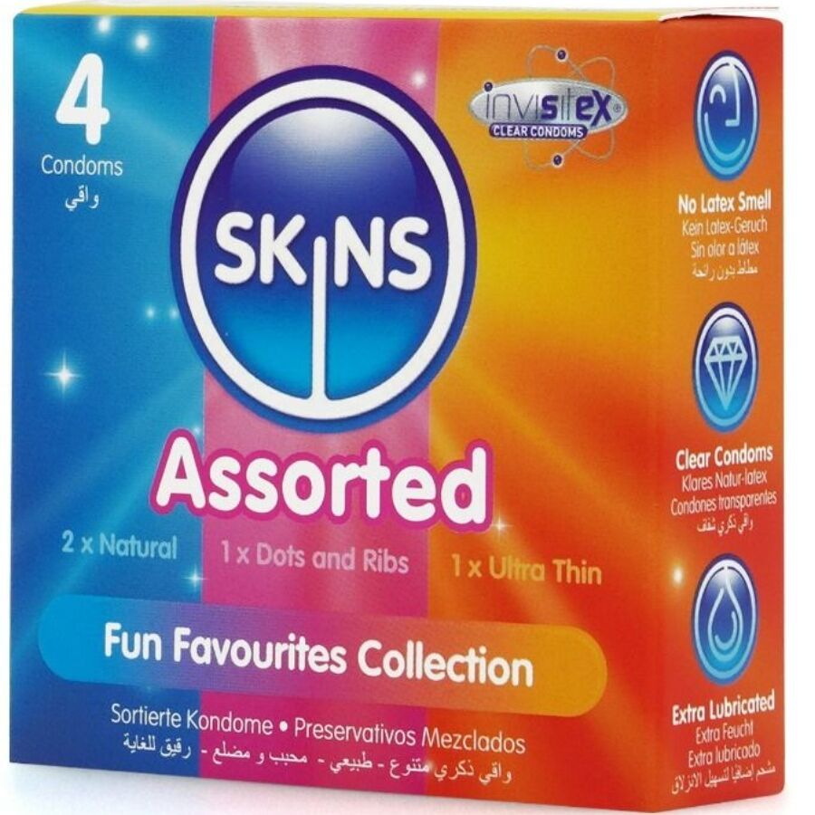 Verpakking met 4 SKINS Assorted condooms. Bevat 2x Natural, 1x Dots and Ribs, 1x Ultra Thin. Fun Favourites Collection.