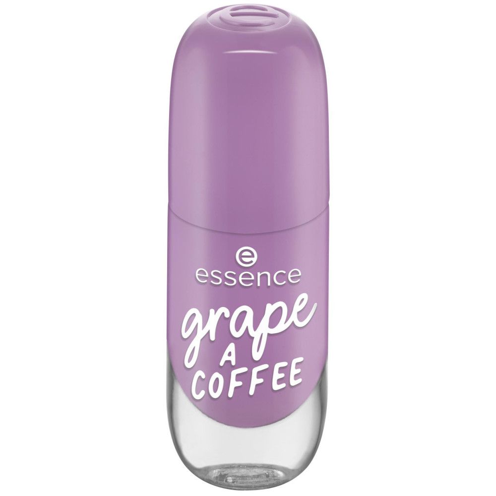 Flacon de vernis à ongles avec bouchon fermé. Vernis à ongles violet, inscription "grape a COFFEE".