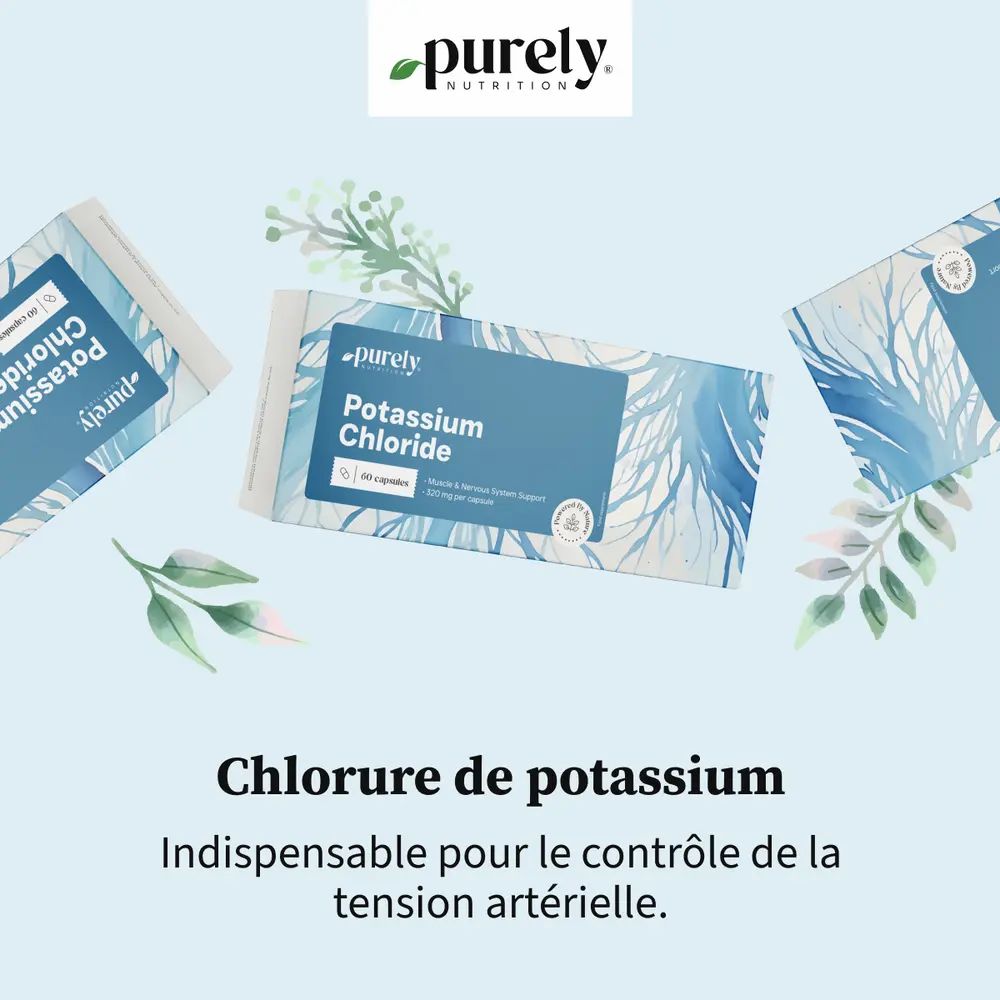 Trois paquets de Potassium Chloride. Inscription : Chlorure de potassium. Marque : Purely Nutrition. Fond bleu clair.