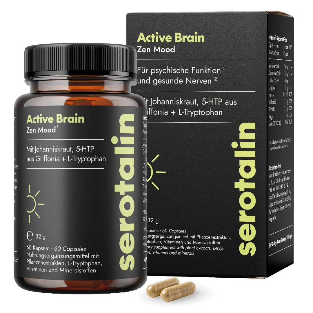 Productverpakking: fles en doos. Tekst: Active Brain Zen Mood, serotalin. 60 capsules. Met Sint-janskruid, 5-HTP uit Griffonia + L-Tryptofaan.