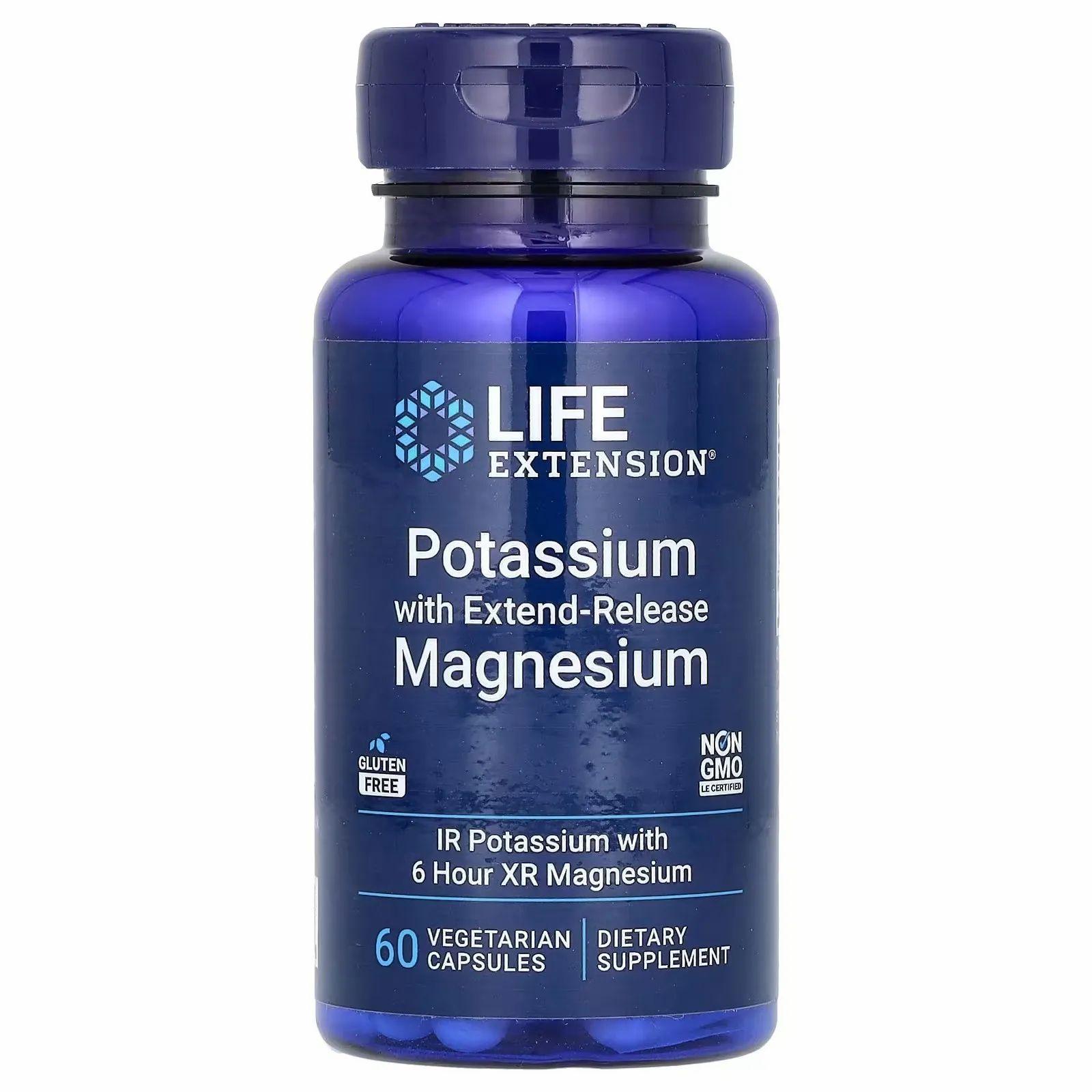 Flacon bleu de compléments. Inscription: LIFE EXTENSION, Potassium avec Extend-Release Magnesium, sans gluten, 60 gélules, végétarien.