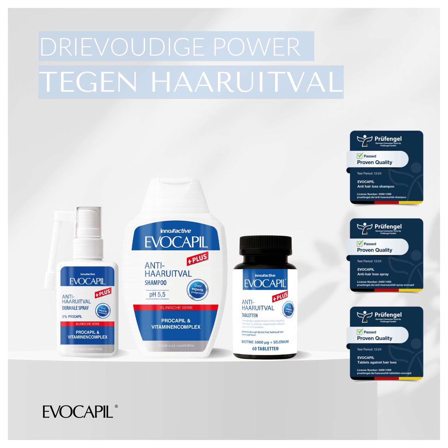 Evocapil Set: Shampoo, Spray en Tabletten tegen haaruitval.