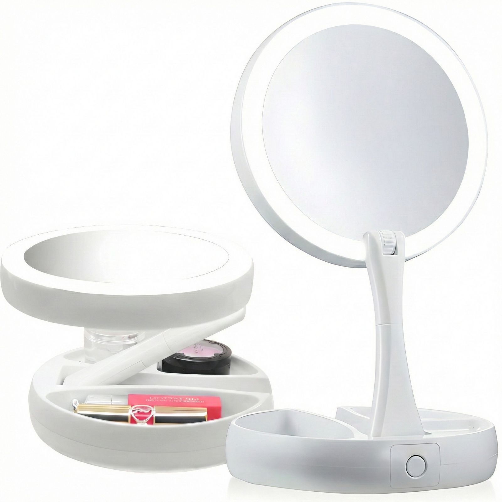 Miroir de maquillage pliable avec éclairage LED, ouvert et avec cosmétiques dans le compartiment.