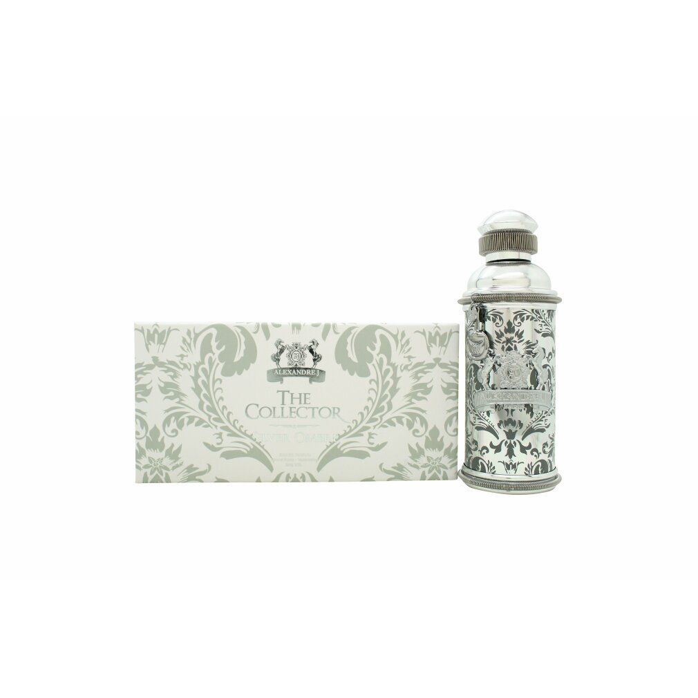 Flacon argenté et emballage. Flacon avec bouchon et ornements argentés. Emballage avec motif floral et texte.