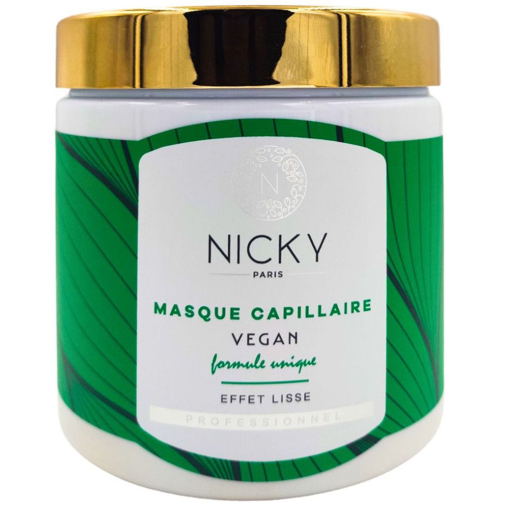Pot de masque capillaire blanc avec couvercle doré. Inscription : Nicky Paris, Masque Capillaire, Vegan, Formule Unique, Effet Lisse.