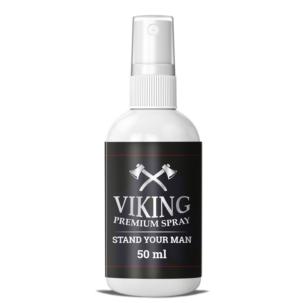 Flacon blanc avec vaporisateur. Étiquette noire avec logo et texte: VIKING PREMIUM SPRAY, STAND YOUR MAN, 50 ml.