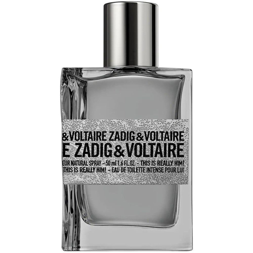 Rechthoekige fles met zilveren dop. Opschrift: Zadig & Voltaire. 50 ml Eau de Toilette Intense voor heren.
