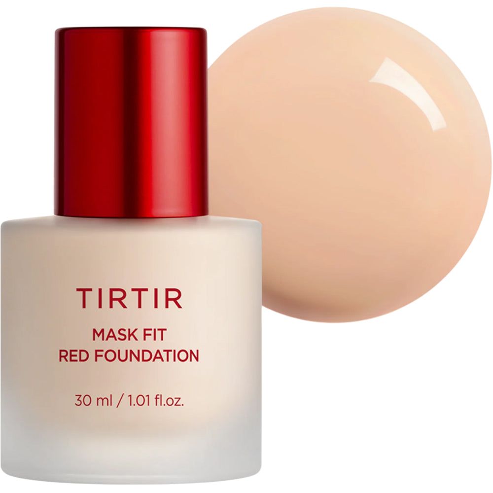 Flesje TIRTIR Mask Fit Red Foundation met rode dop en product ernaast. Opschrift: TIRTIR, Mask Fit Red Foundation, 30 ml.