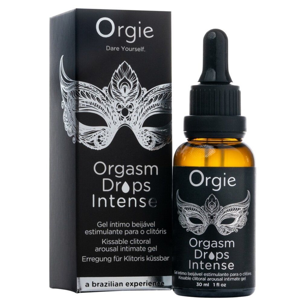 Orgie Orgasm Drops Intense. Fles met druppelaar en verpakking. Zwarte verpakking met maskerpatroon. Fles met bruine vloeistof.
