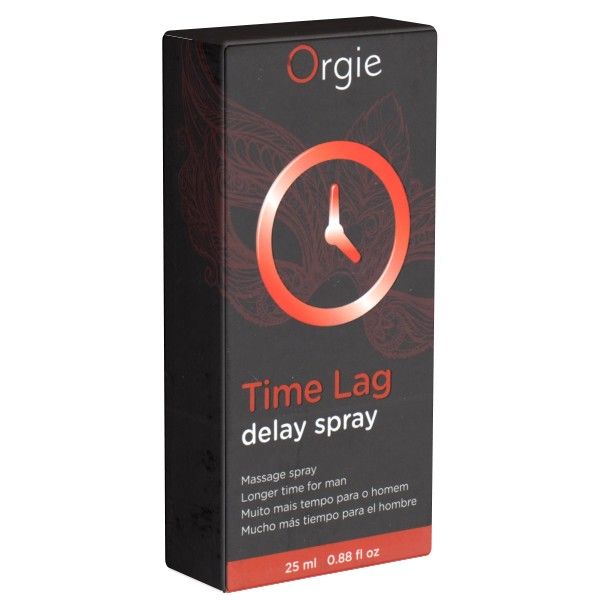 Zwarte verpakking met productnaam en logo. Tekst: Time Lag delay spray. 25 ml.