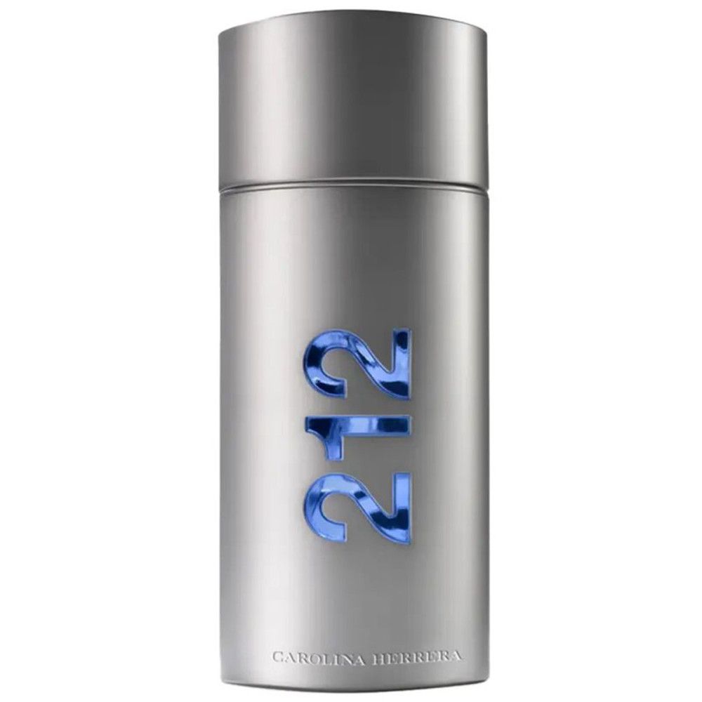 Flacon argenté avec les chiffres bleus "212" et le nom "Carolina Herrera".