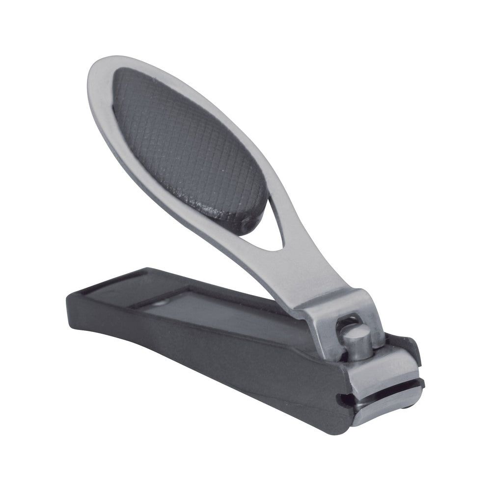 Coupe-ongles avec récupérateur. Gris foncé et argenté. Poignée ergonomique. Ouvert.