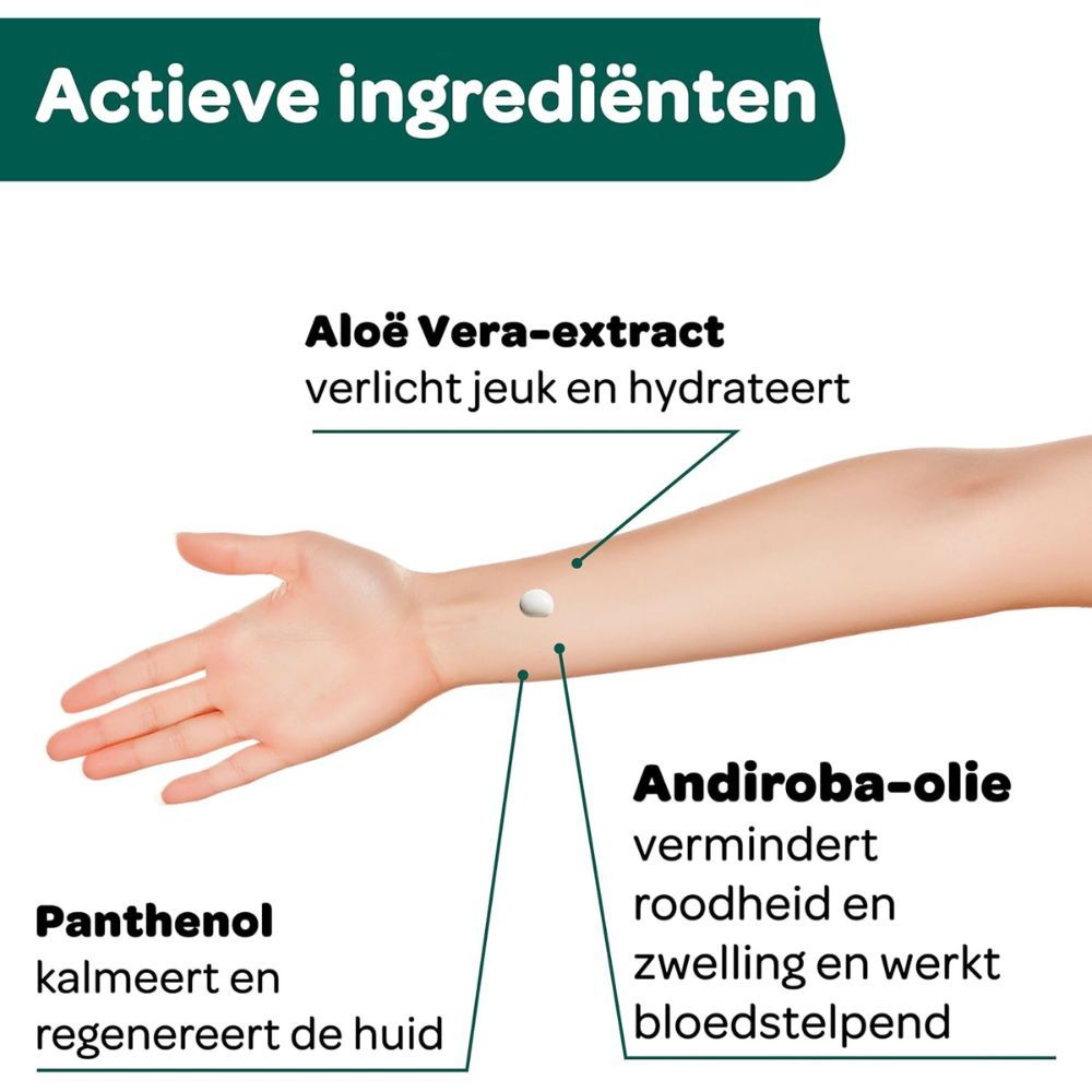 Arm met aangeduide actieve ingrediënten. Aloë Vera, Panthenol en Andiroba-olie. Tekst in het Nederlands.