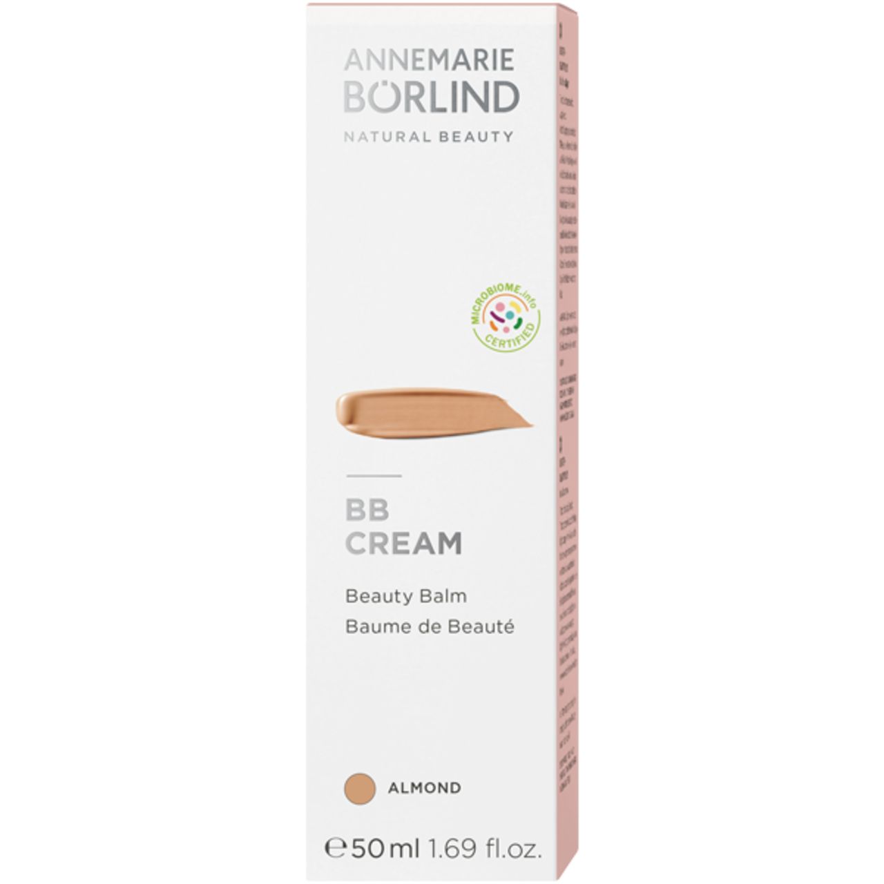 Verpakking van Annemarie Börlind BB Cream. Rechthoekige verpakking met productinformatie. "Almond" tint. 50ml.