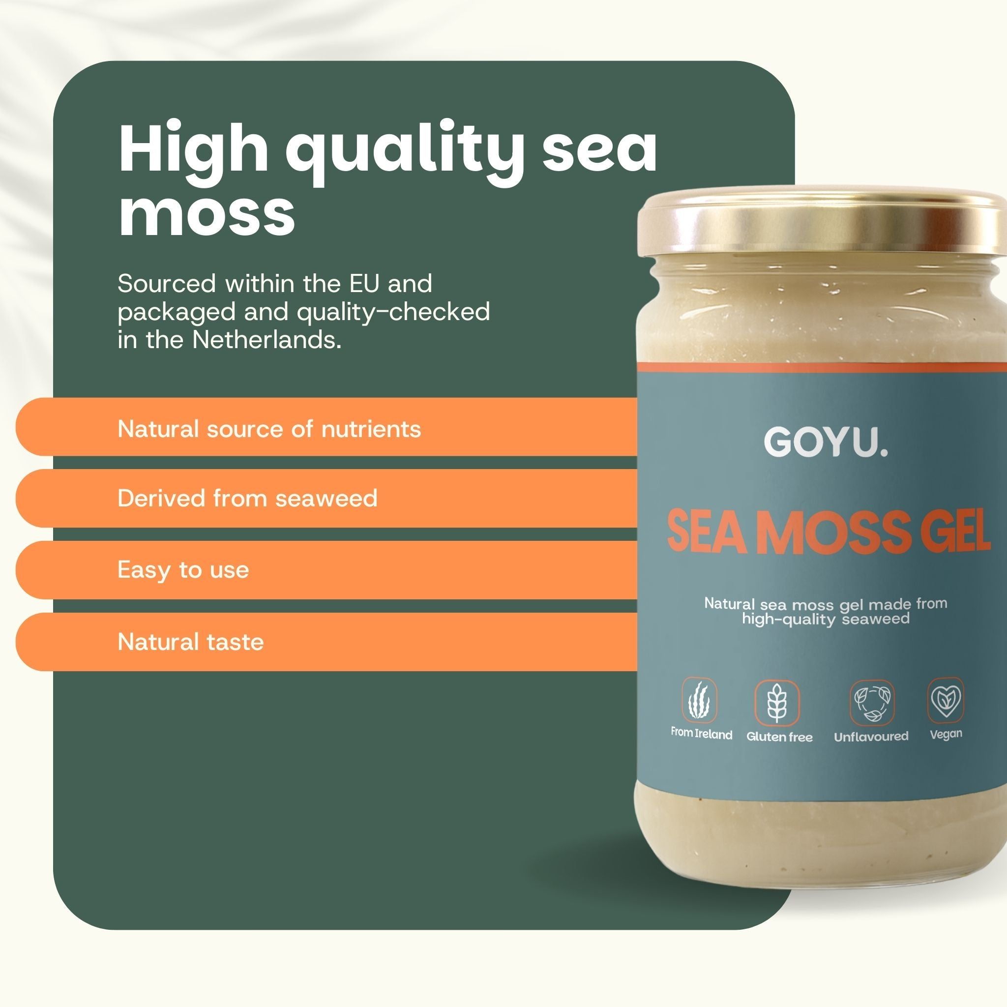 Un pot de GOYU Sea Moss Gel à côté d'une liste de caractéristiques du produit.
