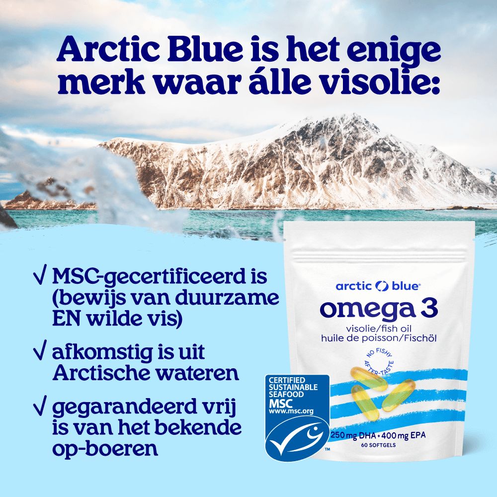 Arctic Blue Omega 3 visolie verpakking met gedetailleerde voordelen en iconen.
