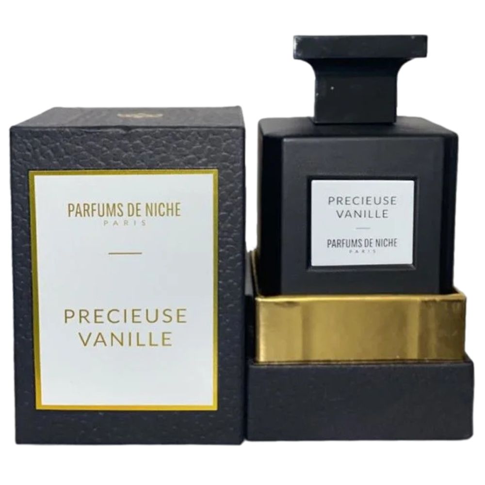 Zwarte flacon en doos. Opschrift: Precieuse Vanille, Parfums de Niche Paris. Gouden accenten.