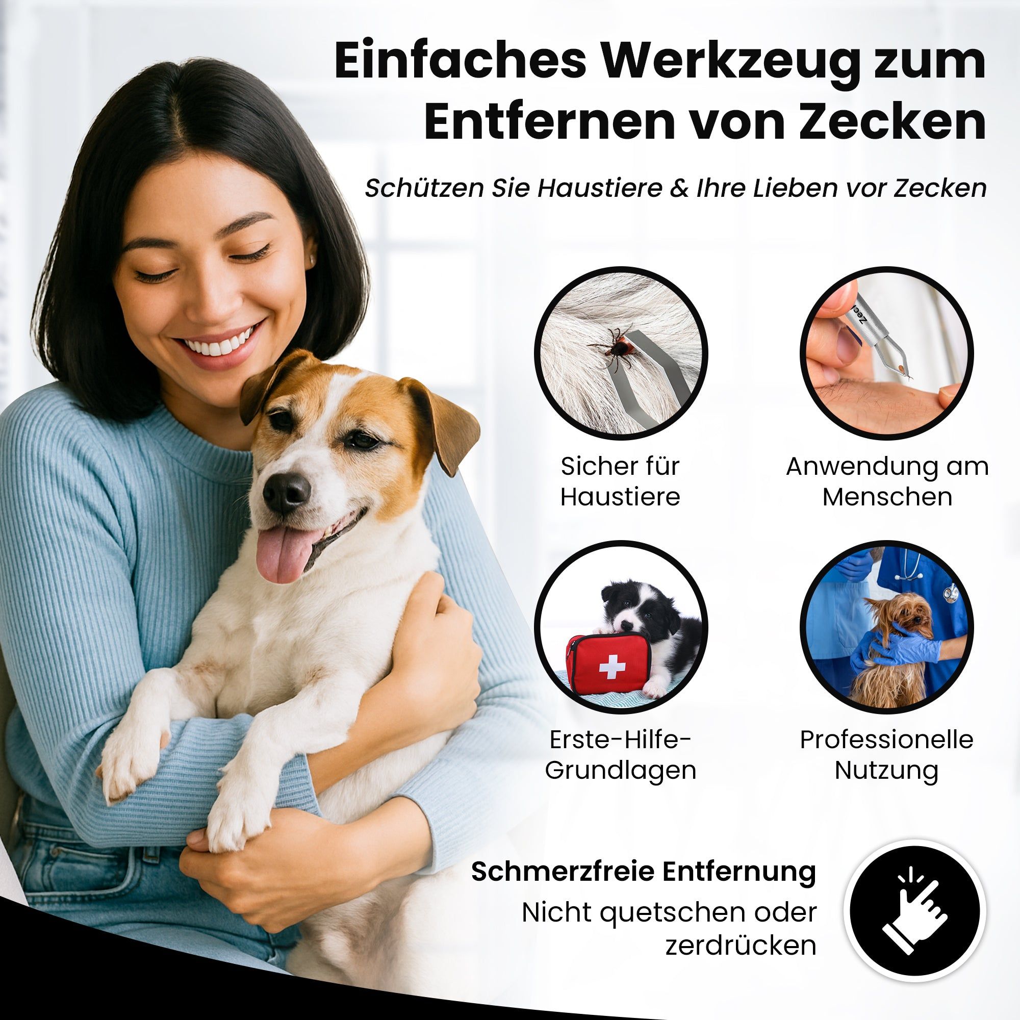 Une femme tient un chien. Texte : "EINFACHES WERKZEUG ZUM ENTFERNEN VON ZECKEN. Schützen Sie Haustiere & Ihre Lieben vor Zecken".