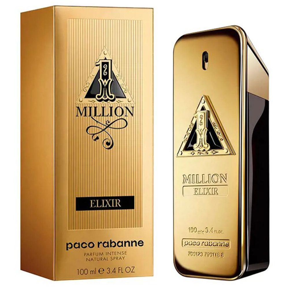 Gouden fles en verpakking. Opschrift: Million Elixir, Paco Rabanne. Rechthoekige vorm, gouden verpakking.