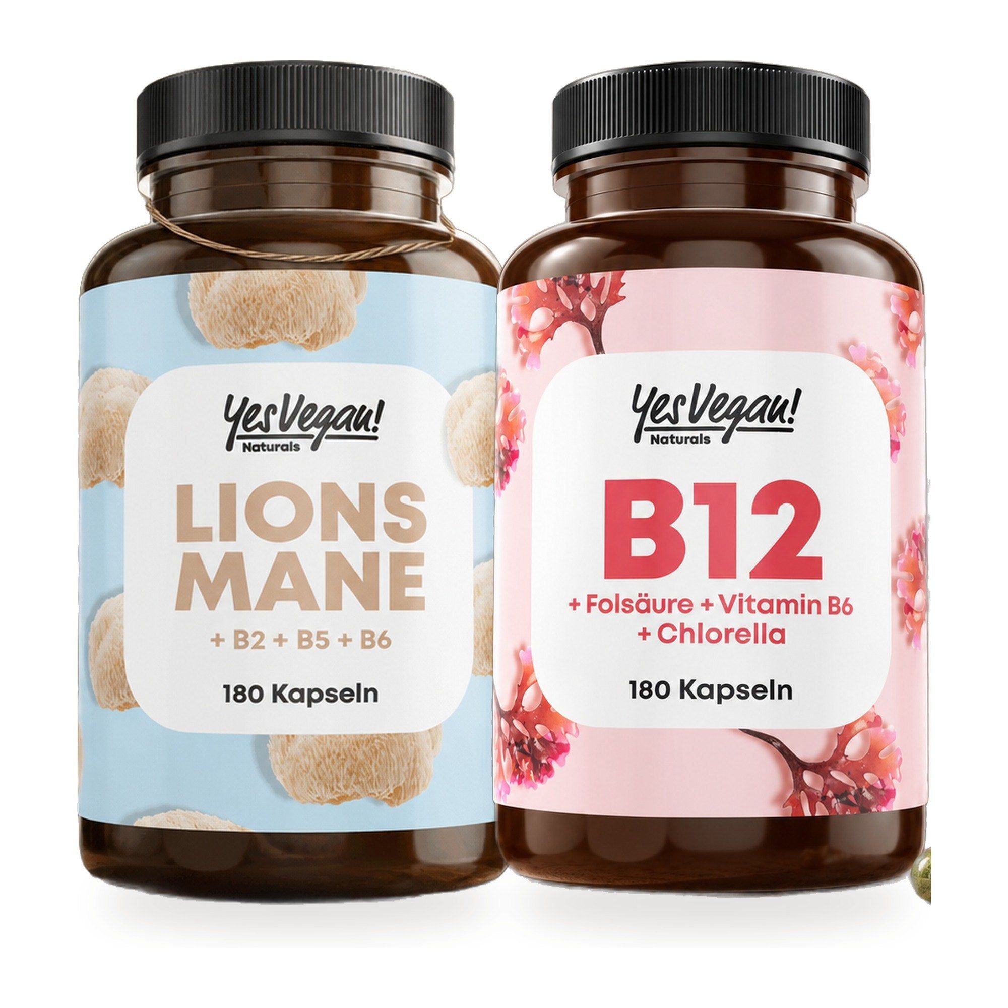 Twee flessen YesVegan! voedingssupplementen: Bloedsuiker Complex en Metabolisme Complex.