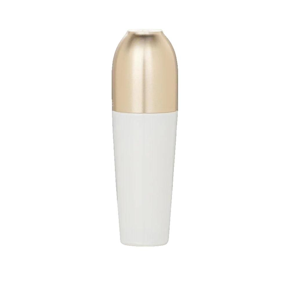 Flacon de sérum ovale blanc avec bouchon doré. Le bouchon recouvre la partie supérieure. Sur fond blanc.