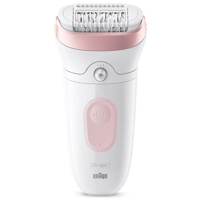 Épilateur Braun Silk-épil 7 blanc et rose avec tête large et interrupteur marche/arrêt.