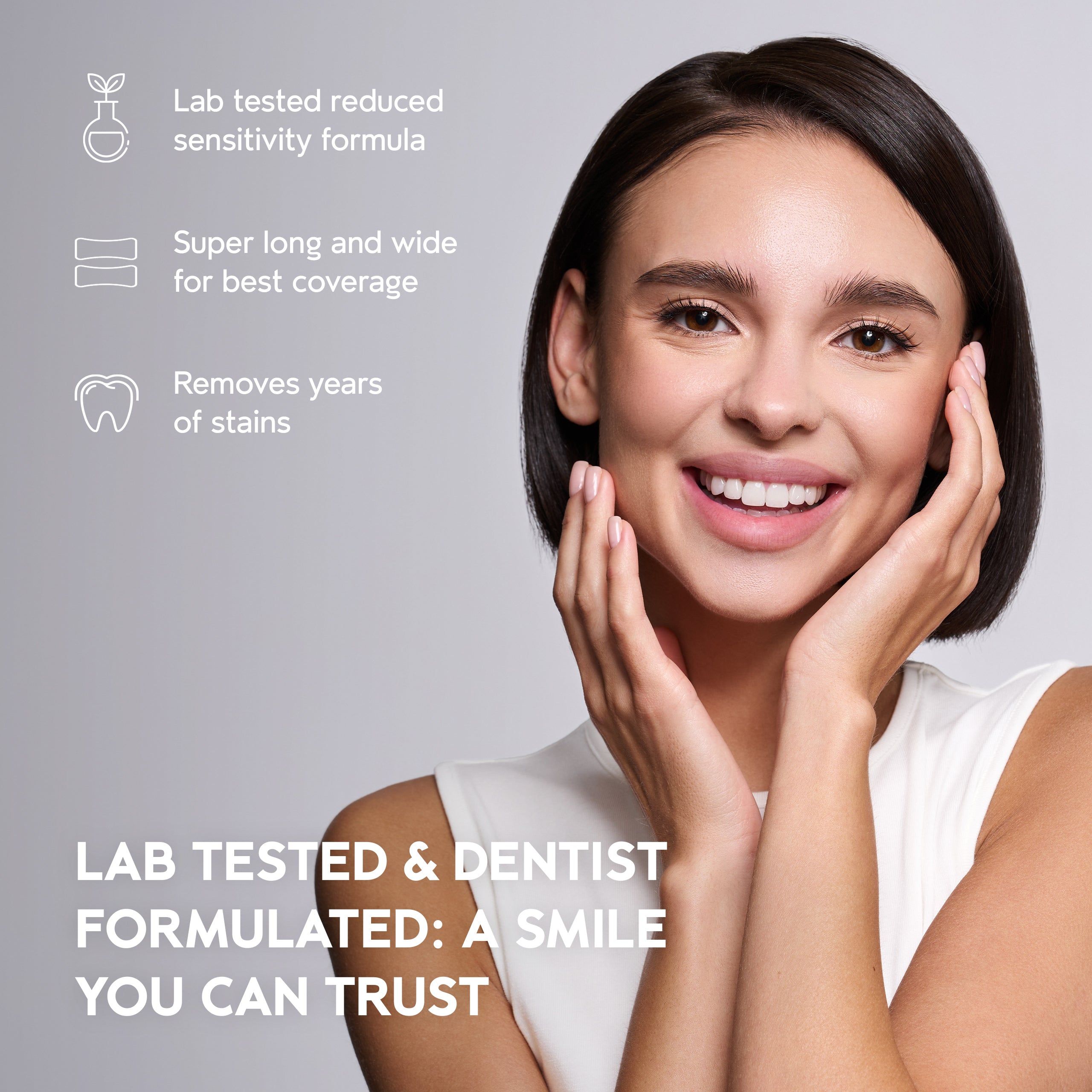 Vrouw met stralende glimlach; INOPRO whitening strips zijn laboratorium getest en tandarts geformuleerd.